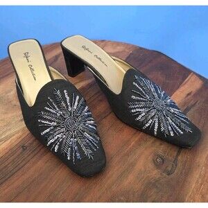 RARE Stefani Collection Beaded Silk Dress Mules Women's US8 Feather Design Black